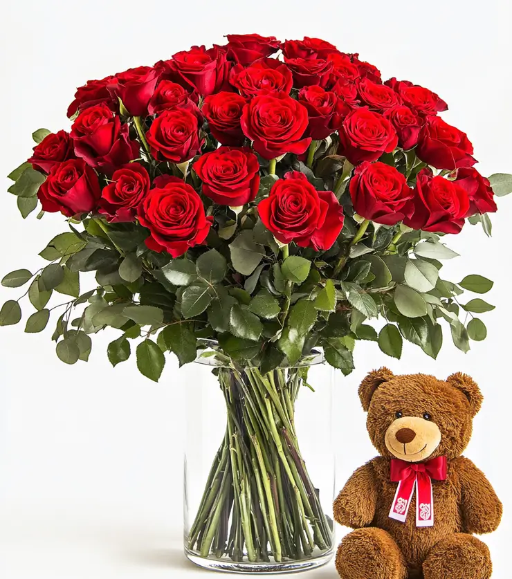 2 Dozen Red Roses & Bear