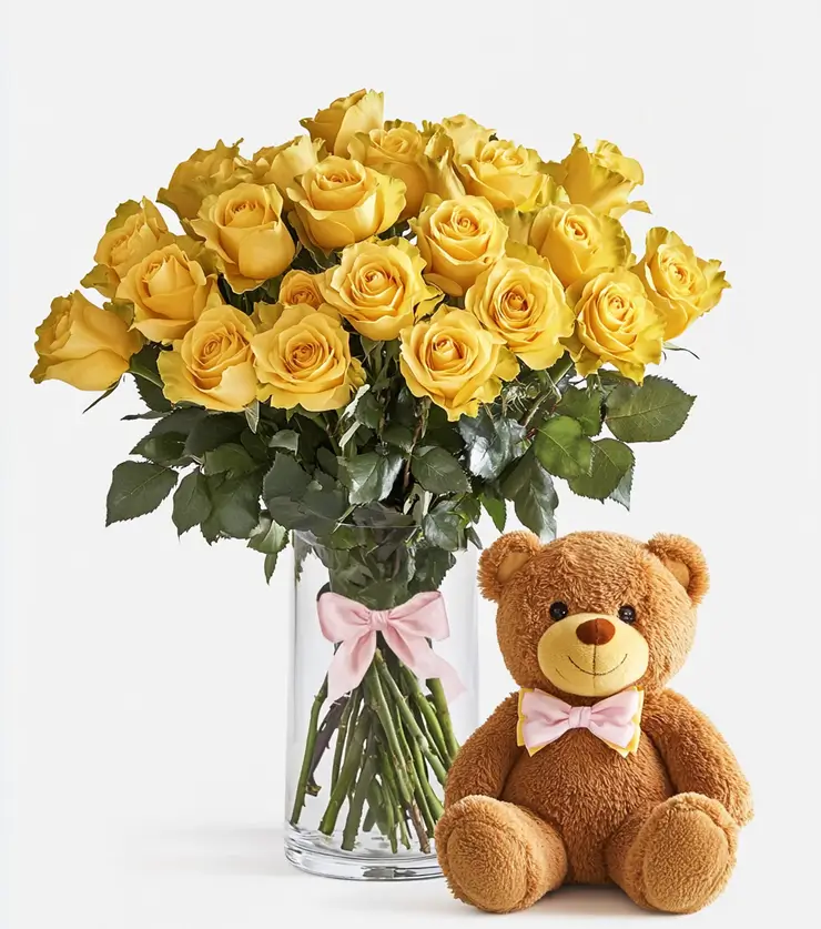 Dozen Yellow Roses with Bear