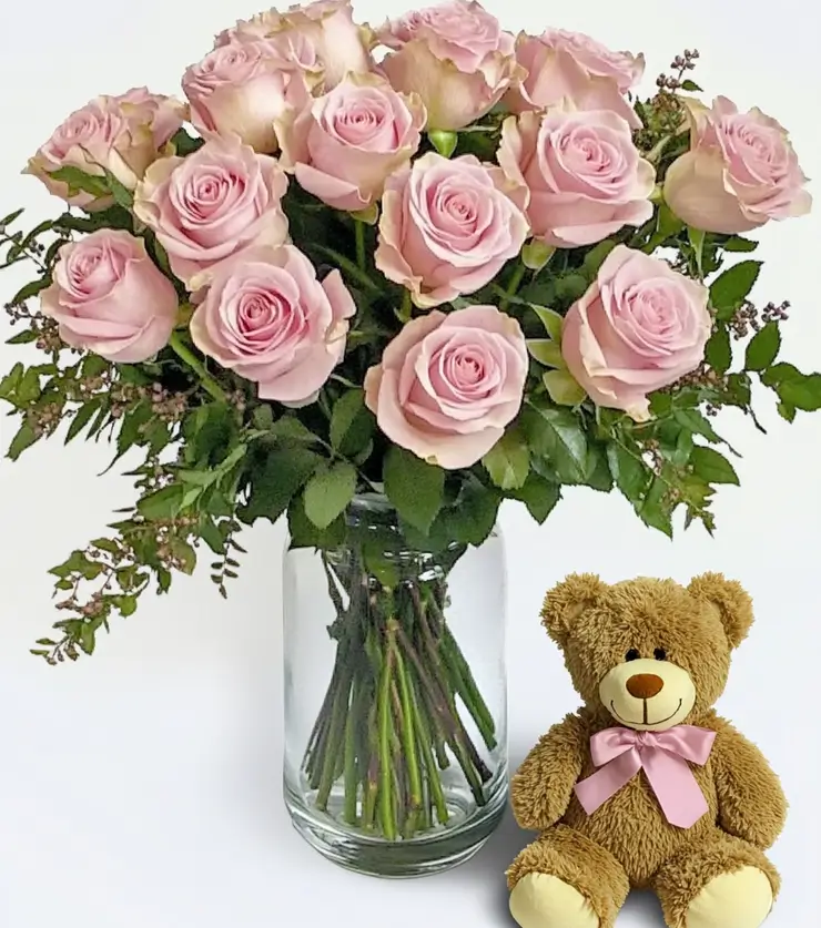 Dozen Pink Roses with Bear