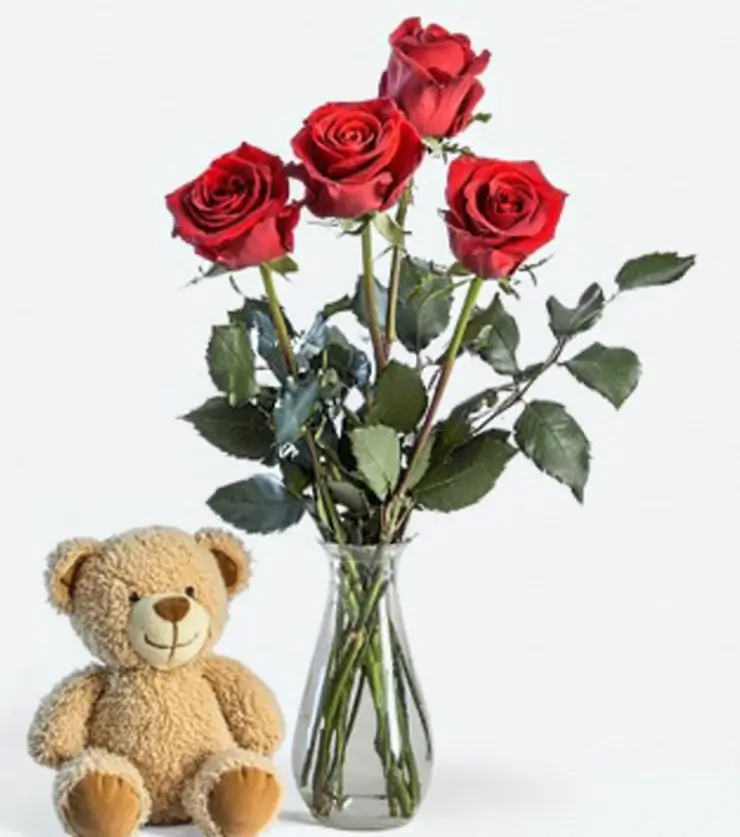 3 Red Roses & Bear
