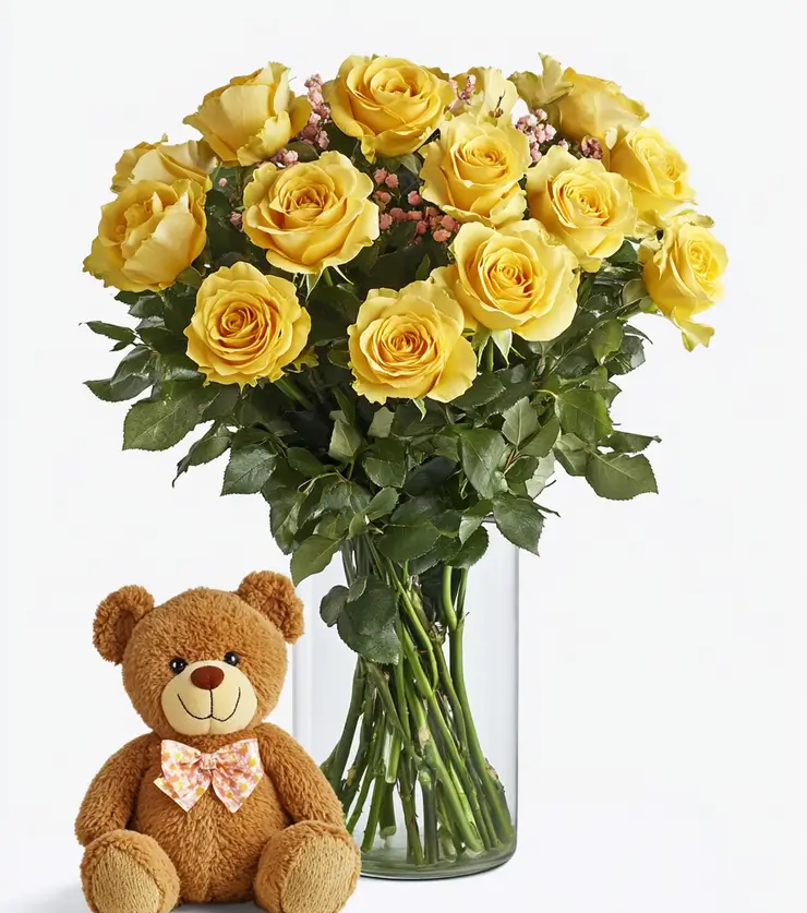 Dozen Yellow Roses with Bear